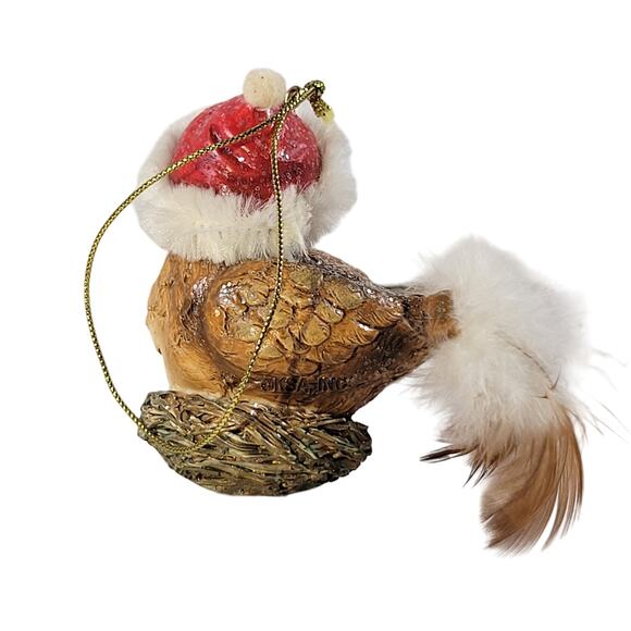Vintage Christmas Bird Ornament with Santa Hat and Feather Tail - 3" Tall - Picture 2 of 9